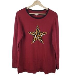 CROWN & Ivy Sweater Crewneck Womens Large Maroon Black Cheetah‎ Star